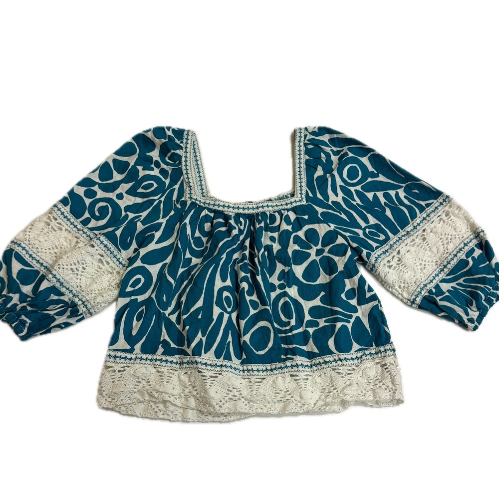 Rachel Zoe Blouse Womens Small Blue White‎ Square Neck Floral Print Coastal